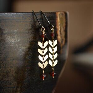 Real Garnet Earrings with Gold Chevron Chain